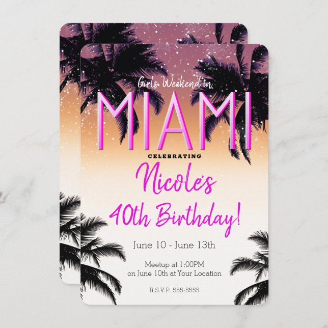 Invitación Fiesta de cumpleaños de chicas de verano en Miami (Anverso / Reverso)