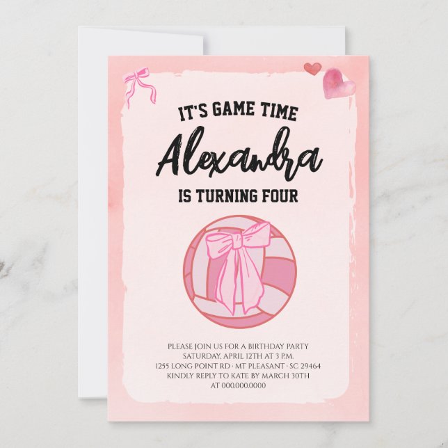 Invitación Fiesta de Cumpleaños de Chicas de Voleibol Coquett (Anverso)