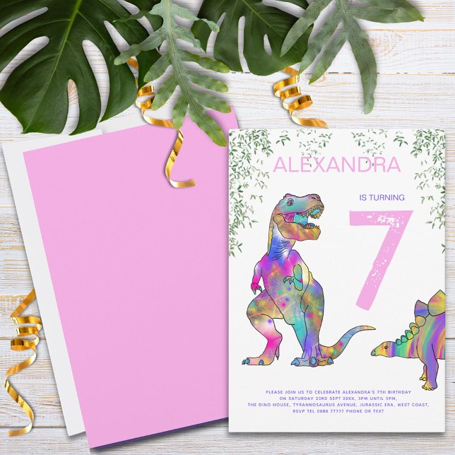 Invitación Fiesta de cumpleaños de chicas dinosaurio rosa (Colorful Dinosaur girls birthday party invitation with T-Rex and stegosaurus pink purple blue green)