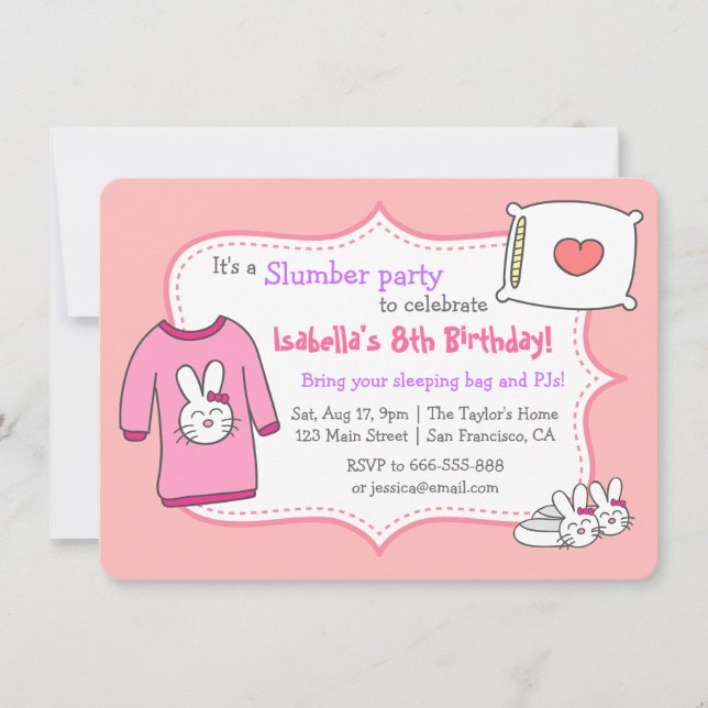 Invitación Fiesta de Cumpleaños de Chicas Durmiendo, Pijama d (Anverso)