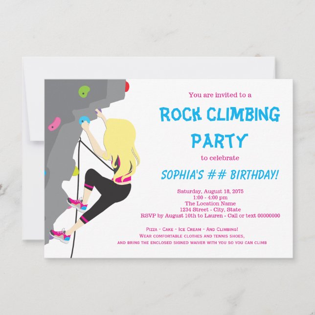 Invitación Fiesta de Cumpleaños de Chicas Escalada en Roca (Anverso)