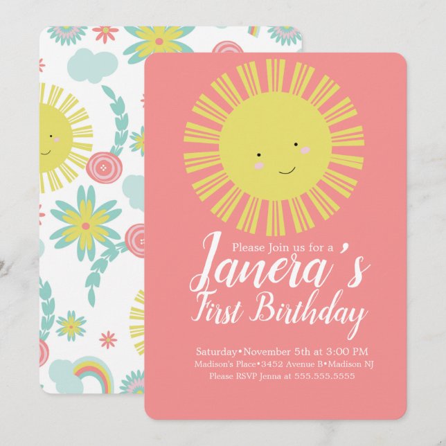 Invitación Fiesta de Cumpleaños de Chicas Floral Sol de Veran (Anverso / Reverso)