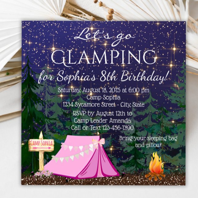 Invitación Fiesta de cumpleaños de chicas glamping (Glamping invitation with cute tent and campfire. Glamping invitation for any event. )