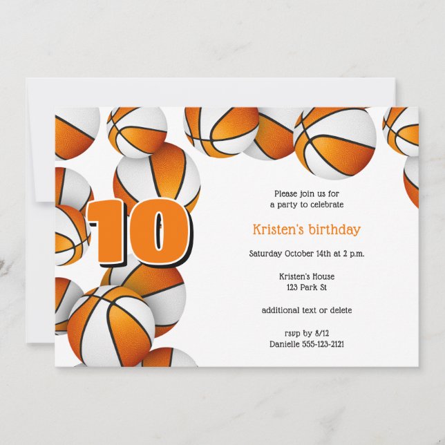 Invitación fiesta de cumpleaños de chicas naranjas de balonce (Anverso)
