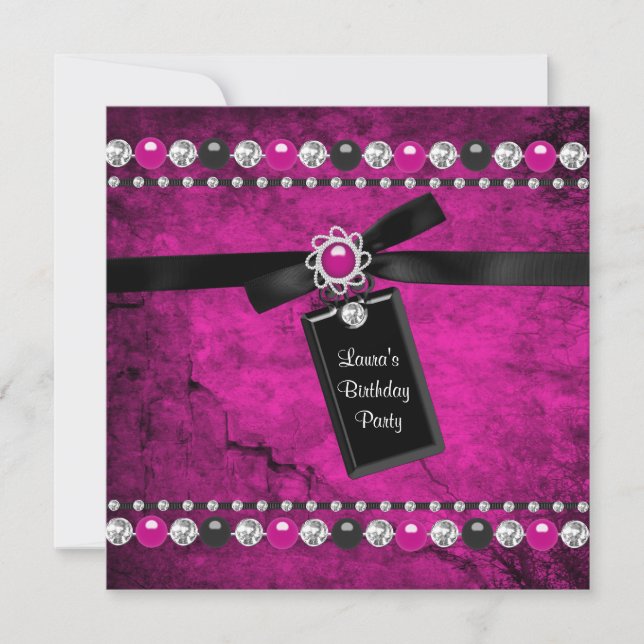Invitación Fiesta de Cumpleaños de Chicas Rosa Negro Intenso (Anverso)