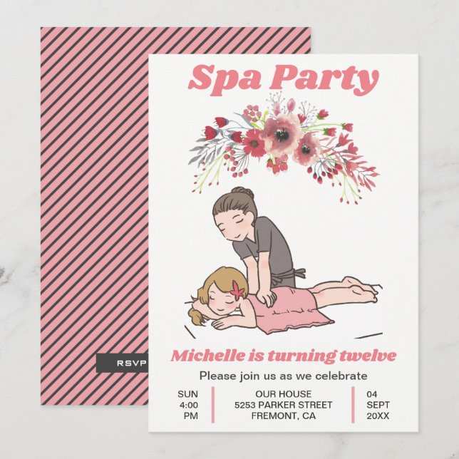 Invitación Fiesta de cumpleaños de chicas Spa Floral Lindo (Anverso / Reverso)