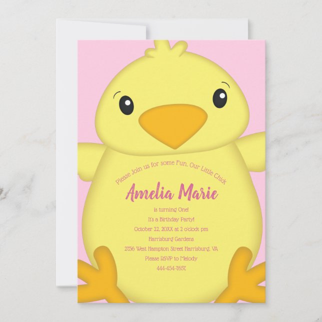 Invitación Fiesta de cumpleaños de Chick Pink (Anverso)