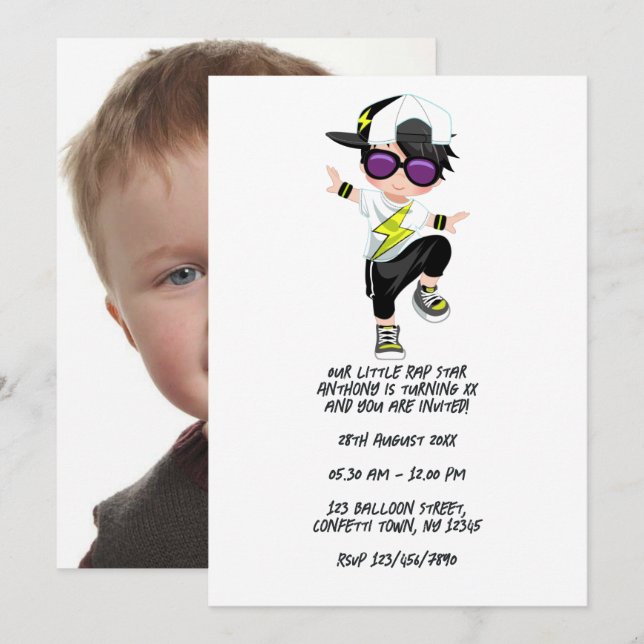 Invitación Fiesta de cumpleaños de chico bailarín de break de (Anverso / Reverso)