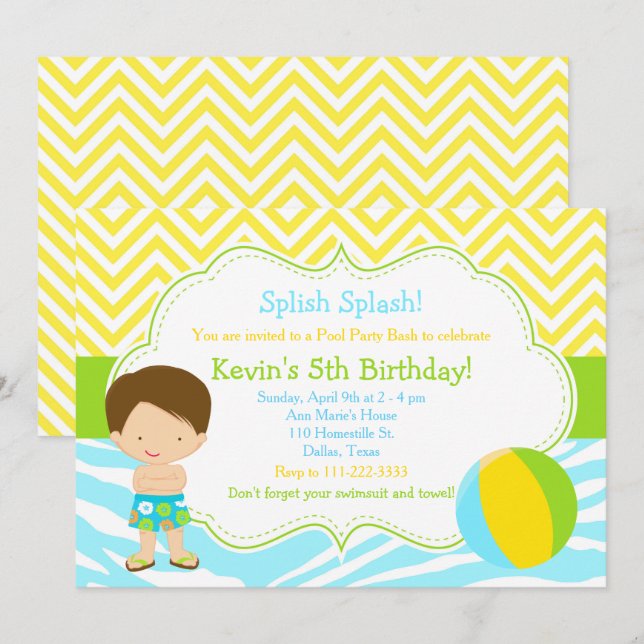 Invitación Fiesta de Cumpleaños de Chico Moreno en la Piscina (Anverso / Reverso)