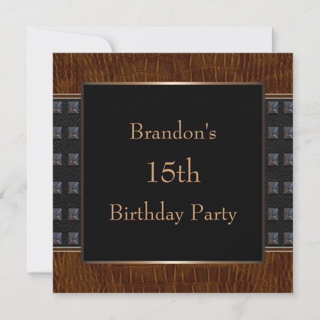 Invitación Fiesta de Cumpleaños de Chicos de Cuero Negro (Anverso)