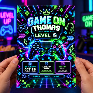 Invitación Fiesta de cumpleaños de chicos videojuegos de neón