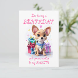 Invitación Fiesta de cumpleaños de Chihuahua rosa femenina