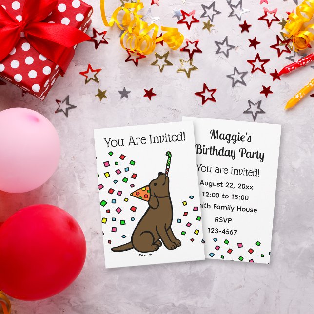 Invitación Fiesta de cumpleaños de Chocolate Labrador Confett (Chocolate Labrador Confetti Birthday Party Invitation for Labrador Owners.  Cartoon art design.)