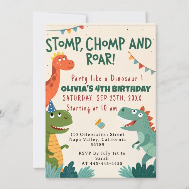 Invitación Fiesta de cumpleaños de Chomp Roar Dinosaur (Anverso)