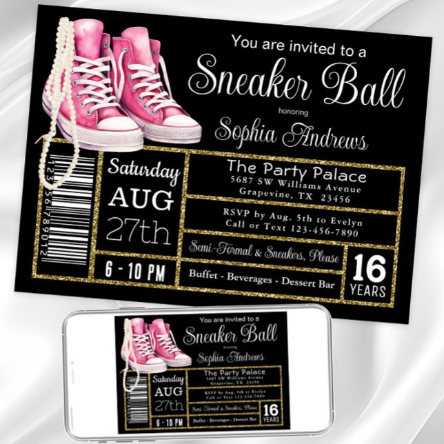 Invitación Fiesta de cumpleaños de Chucks y Pearls Sneaker Ba (Chucks and pearl any event sneaker invitation. Instant download and printed invitations available.)