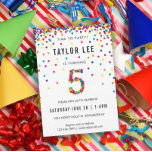 Invitación Fiesta de cumpleaños de cinco años, quinto cumplea<br><div class="desc">¡El arcoiris de 5 años de edad / 5ª fiesta de cumpleaños invitaciones! Con los detalles de su niño de 5 años o chica y un "5" en confetti,  con círculos de confetti de color arcoiris divertidos rociando desde lo alto de estas lindas invitaciones.</div>