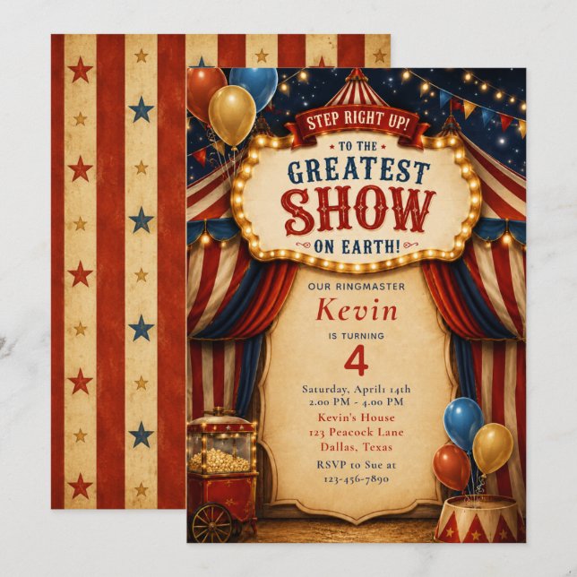 Invitación Fiesta de cumpleaños de circo (Anverso / Reverso)