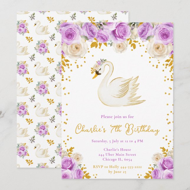 Invitación Fiesta de Cumpleaños de Cisne Morado y Rosas Dorad (Anverso / Reverso)