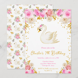 Invitación Fiesta de Cumpleaños de Cisne Rosado y Rosas Dorad