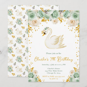 Invitación Fiesta de Cumpleaños de Cisne Verde Salvia y Rosas