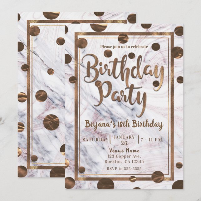 Invitación Fiesta de cumpleaños de cobre de bronce en la Márm (Anverso / Reverso)