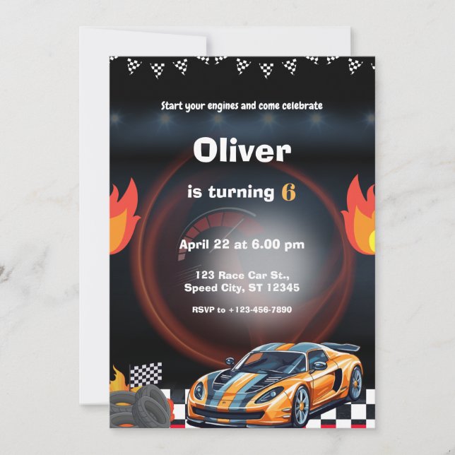 Invitación Fiesta de cumpleaños de coche de carreras (Anverso)