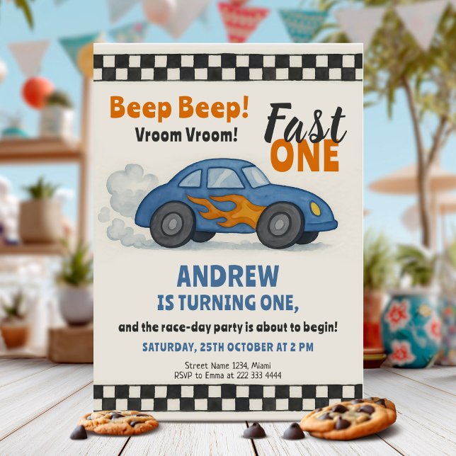 Invitación Fiesta de cumpleaños de coche de carreras Fast One (Subido por el creador)