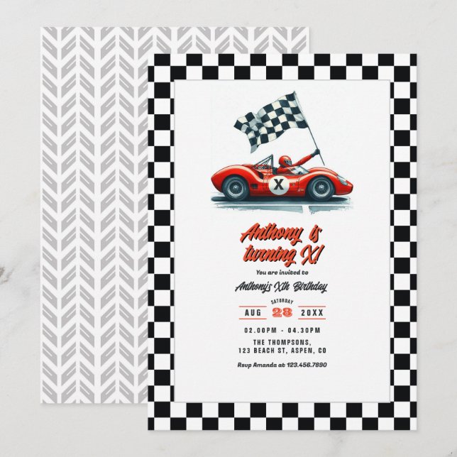 Invitación Fiesta de Cumpleaños de Coche de Carreras Personal (Anverso / Reverso)