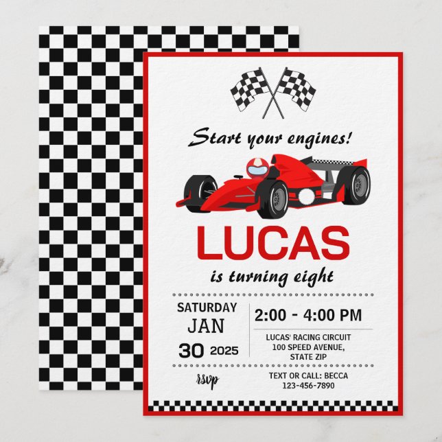 Invitación Fiesta de Cumpleaños de Coche de Carreras Rojo (Anverso / Reverso)