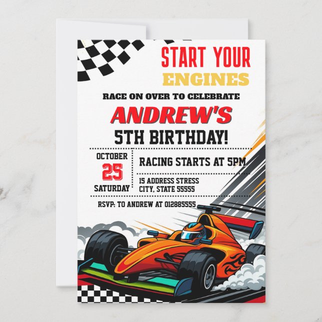 Invitación Fiesta de cumpleaños de coche de raza personal par (Anverso)