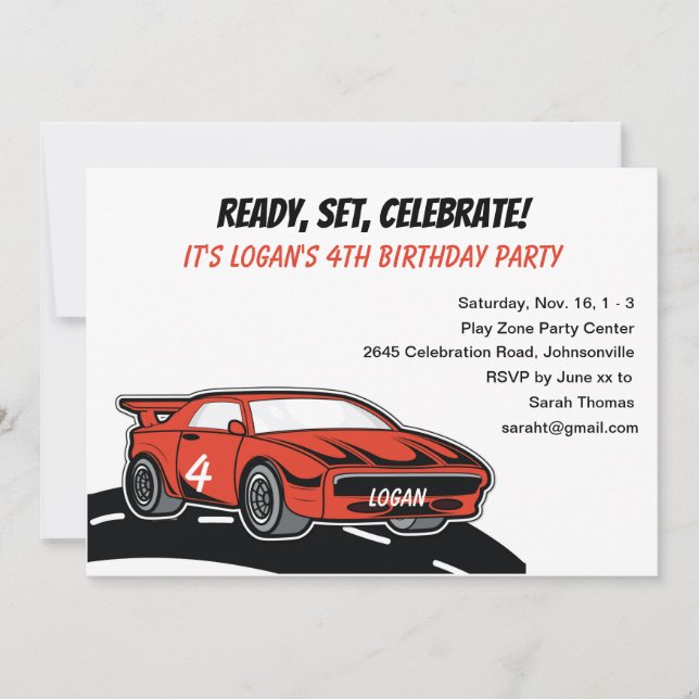 Invitación Fiesta de cumpleaños de coche de raza roja para ni (Anverso)