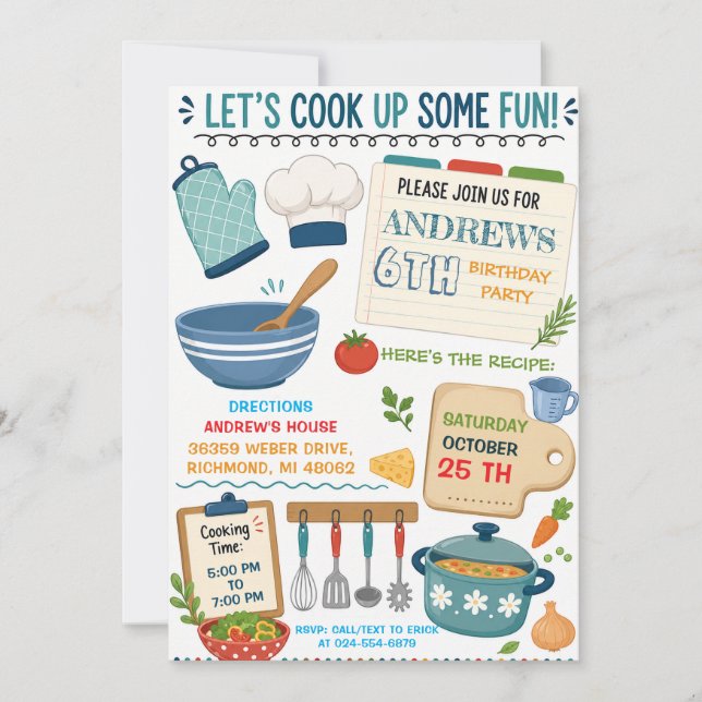 Invitación Fiesta de Cumpleaños de Cocina Personalizada (Anverso)