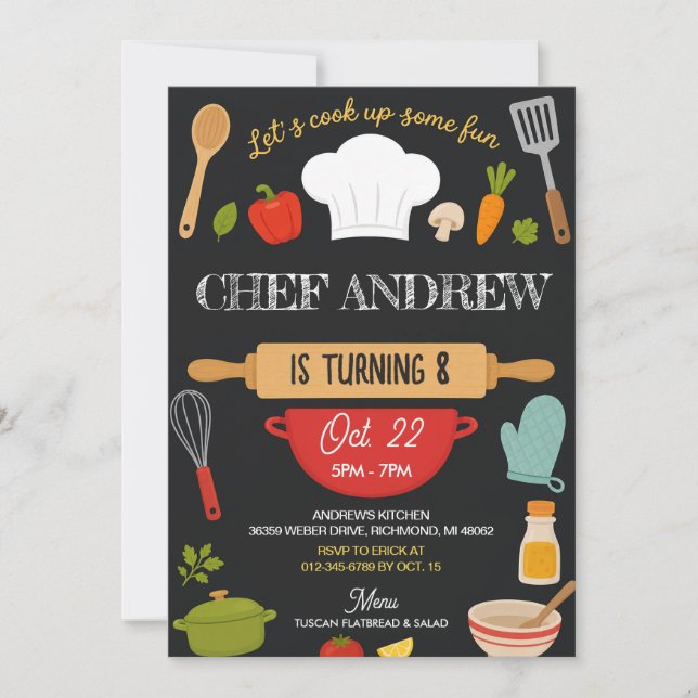 Invitación Fiesta de cumpleaños de cocina personalizada para  (Anverso)
