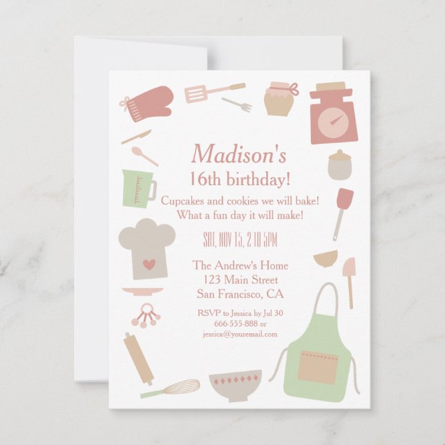 Invitación Fiesta de Cumpleaños de Cocina y Repostería Retro  (Anverso)