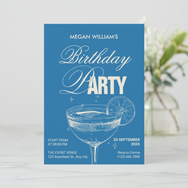 Invitación Fiesta de cumpleaños de cóctel azul (Anverso de pie)