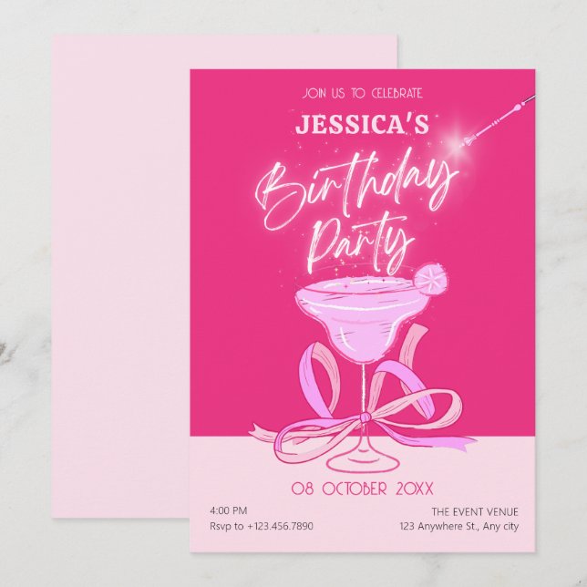 Invitación Fiesta de cumpleaños de cóctel brillante lindo ros (Anverso / Reverso)