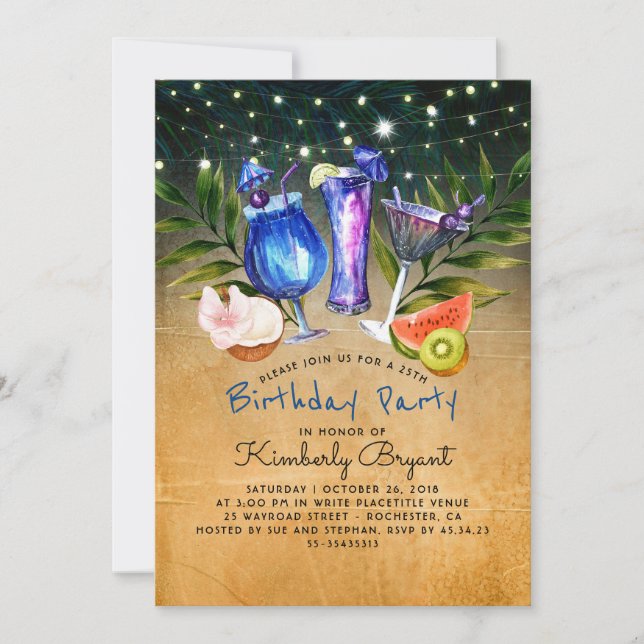 Invitación Fiesta de cumpleaños de cócteles Tropical Beach (Anverso)