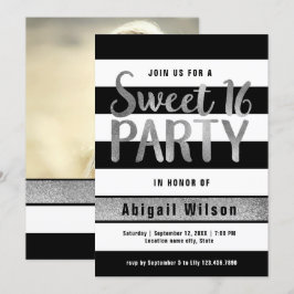 Invitación Fiesta de cumpleaños de color blanco negro platead