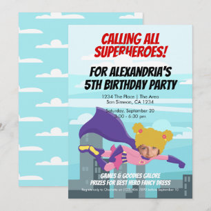Invitación Fiesta de cumpleaños de cómic de superheroína vola