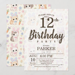 Invitación Fiesta de cumpleaños de conejito y gatito adorable