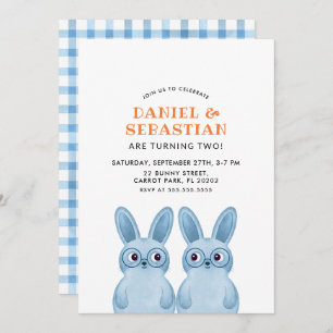 Invitación Fiesta de cumpleaños de conejo gemelo para bebés