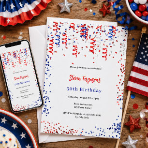 Invitación Fiesta de cumpleaños de confetti azul rojo patriót