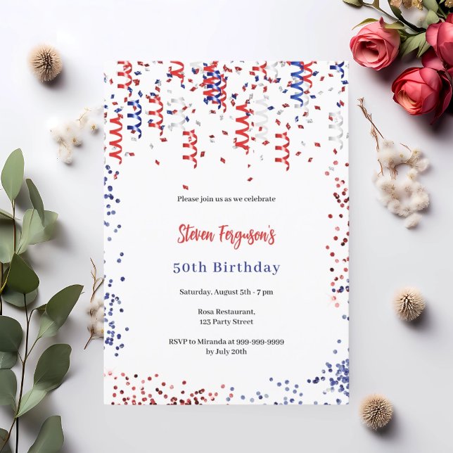 Invitación Fiesta de cumpleaños de confetti azul rojo patriót (Subido por el creador)