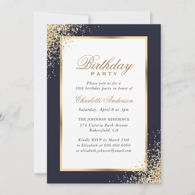 Invitación Fiesta de cumpleaños de Confetti Azul y Oro (Anverso)