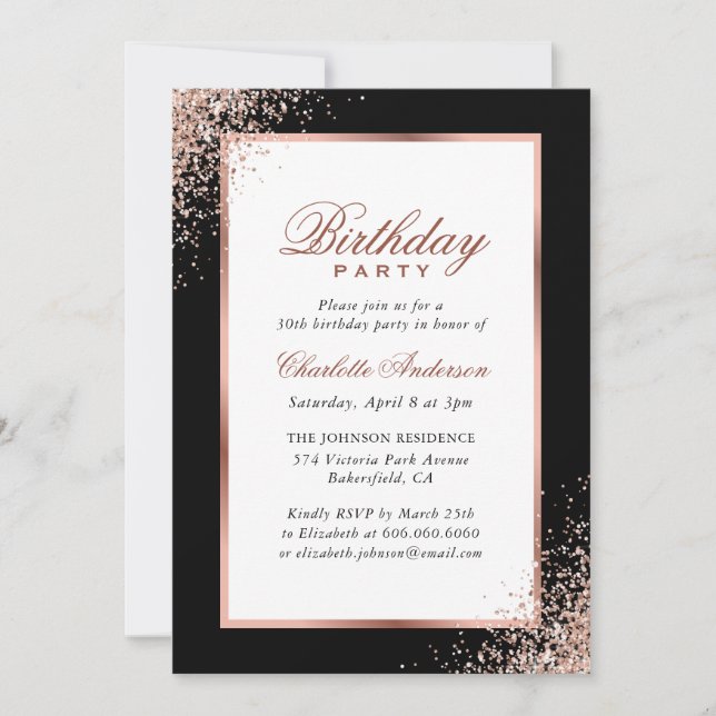 Invitación Fiesta de cumpleaños de Confetti de oro negro y Ro (Anverso)
