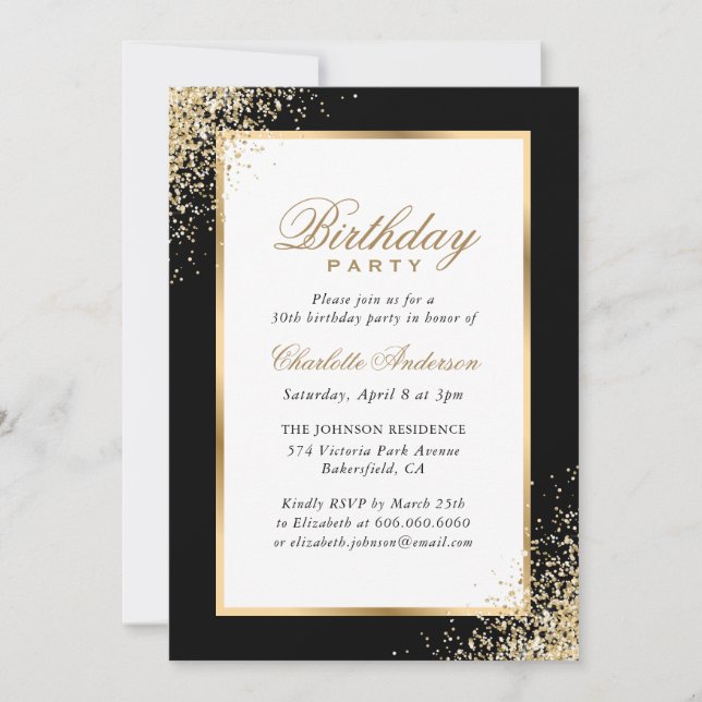 Invitación Fiesta de cumpleaños de Confetti Negro y Oro (Anverso)