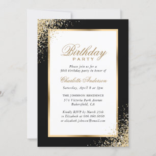 Invitación Fiesta de cumpleaños de Confetti Negro y Oro