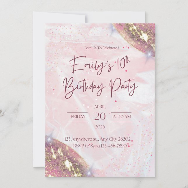 Invitación Fiesta de cumpleaños de Confetti Rosa y Oro (Anverso)