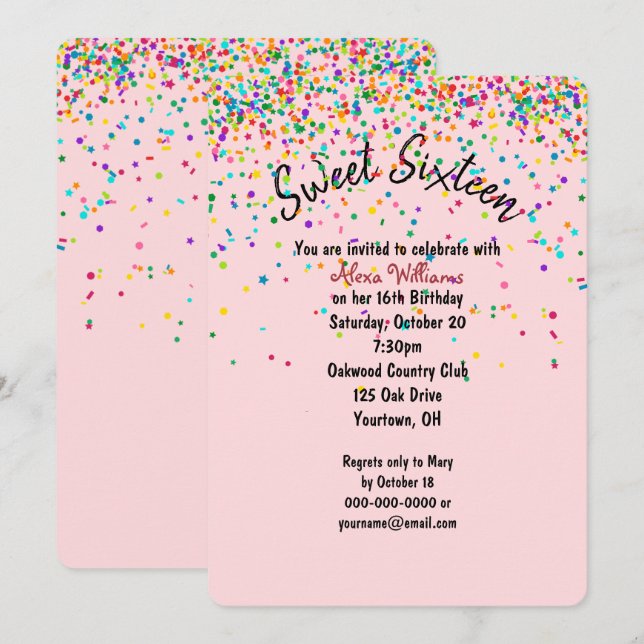 Invitación fiesta de cumpleaños de confetti Sweet 16 (Anverso / Reverso)