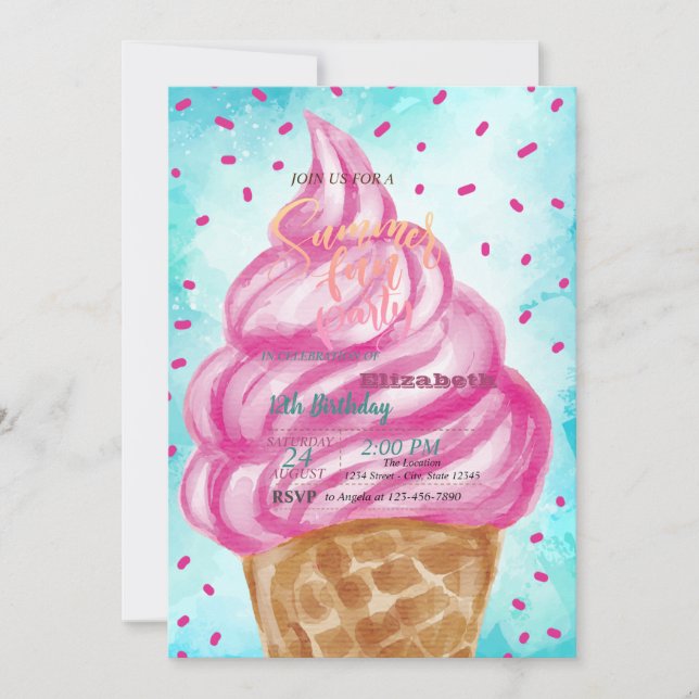 Invitación Fiesta de Cumpleaños de Cono de Helado de Verano (Anverso)